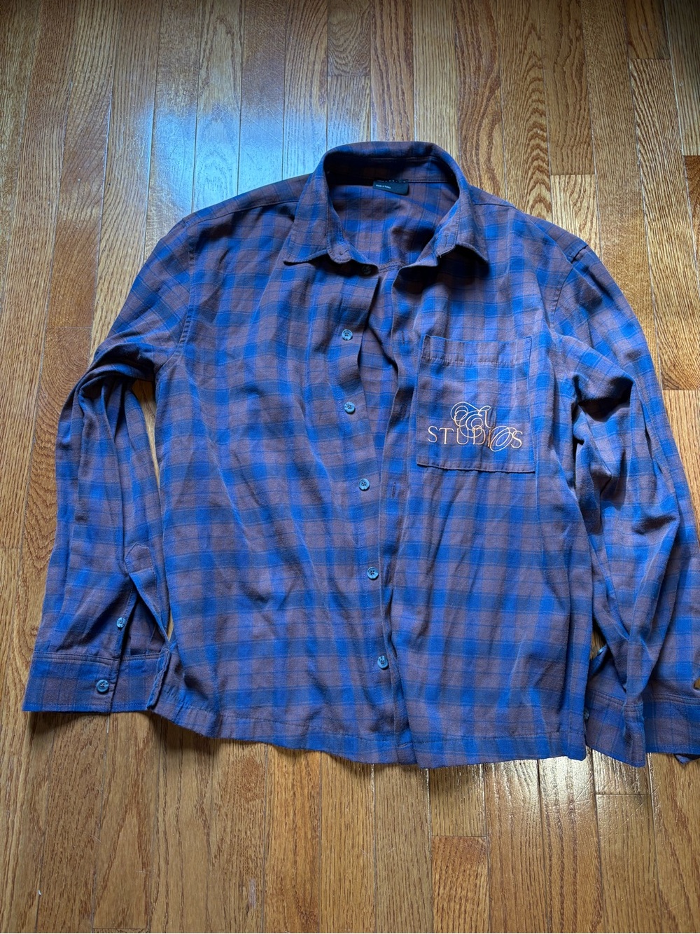 ASOS Design Studio Men's Red/Brown and Blue Check Button-Down Oversized Shirt
